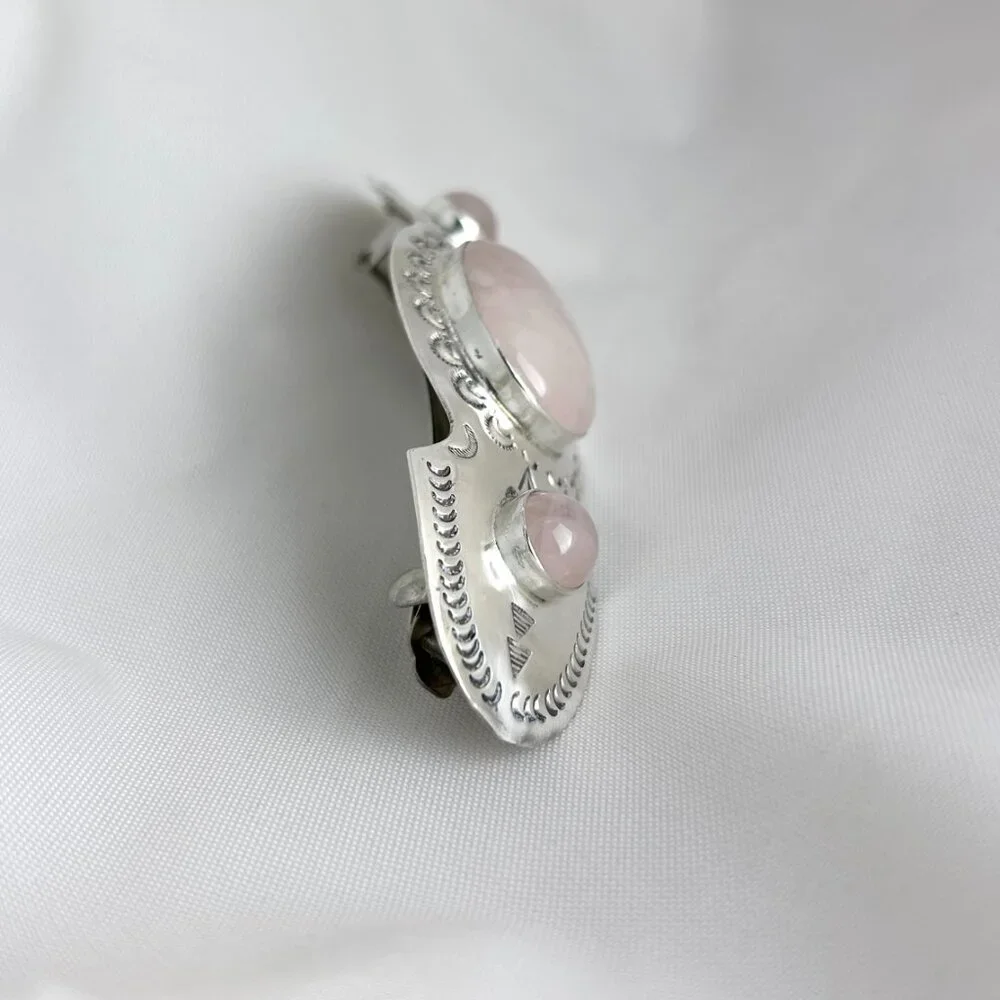 Sterling 925 Silver, Stamped Hair Clip w/ Rose Quartz Cabochons 3.75